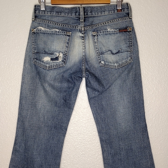 7 For All Mankind Y2k Blue Denim Distressed Flare Wide Leg Jeans Sz 27 - Picture 10 of 16